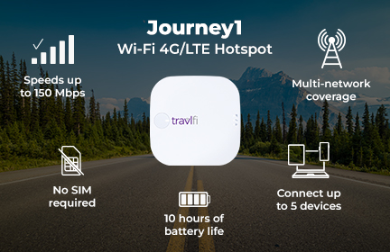 Journey1 Wi-Fi 4G/LTE Hotspot features: Speeds up to 150 Mbps, no SIM required, 10 hours of battery life, connect up to 5 devices, multi-network coverage