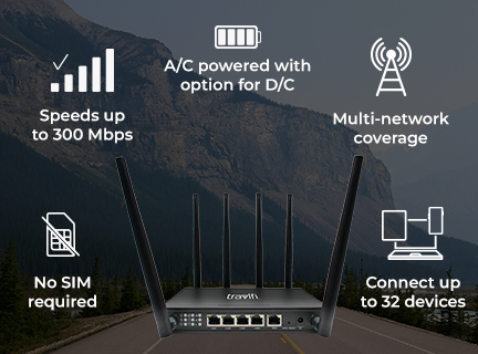 TravlFi JourneyXTR 4G/LTE Router features: speeds up to 300 Mbps, no SIM required, A/C powered with option for D/C, connect up to 32 devices, multi-network coverage