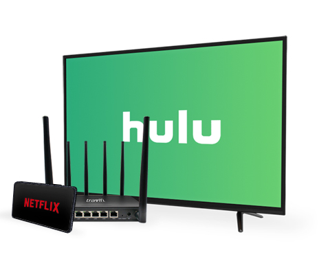 TV with the Hulu logo displayed alongside the TravlFi XTR and a tablet with the Netflix logo on it